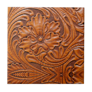 Cowboy Rustic western country tooled leather print Ceramic Tile