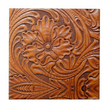 Cowboy Rustic Western Country Tooled Leather Print Ceramic Tile by WhenWestMeetEast at Zazzle