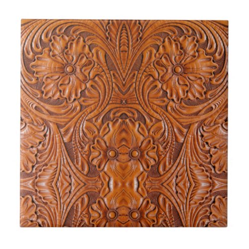 Cowboy Rustic western country tooled leather print Ceramic Tile