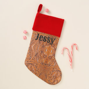 Cowboy Rustic western country tooled leather print Christmas Stocking