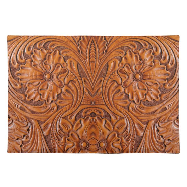 Cowboy Rustic western country tooled leather print Cloth Placemat (Front)