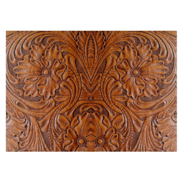Cowboy Rustic western country tooled leather print Cutting Board (Front)
