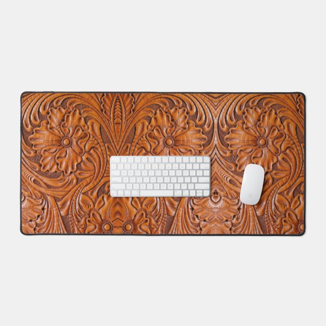 Cowboy Rustic western country tooled leather print Desk Mat (Keyboard & Mouse)