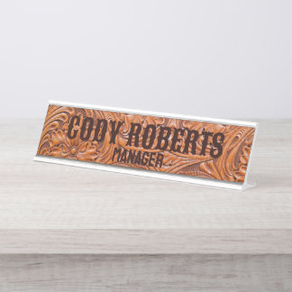 Cowboy Rustic western country tooled leather print Desk Name Plate