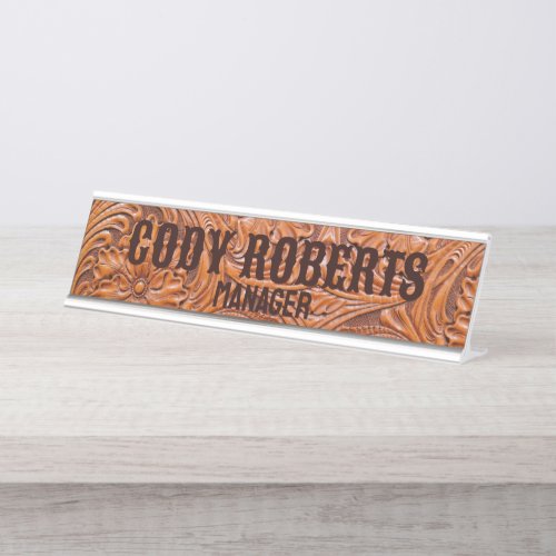 Cowboy Rustic western country tooled leather print Desk Name Plate