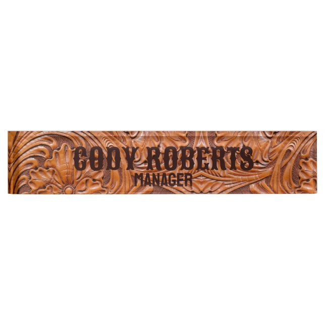 Cowboy Rustic western country tooled leather print Desk Name Plate (Front)
