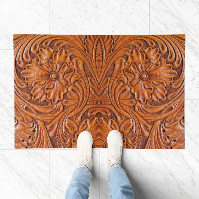Cowboy Rustic western country tooled leather print Doormat (Indoor)