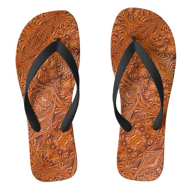Cowboy Rustic western country tooled leather print Flip Flops (Footbed)