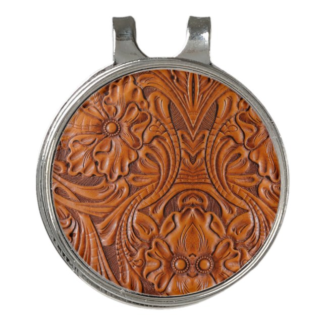 Cowboy Rustic western country tooled leather print Golf Hat Clip (Front)