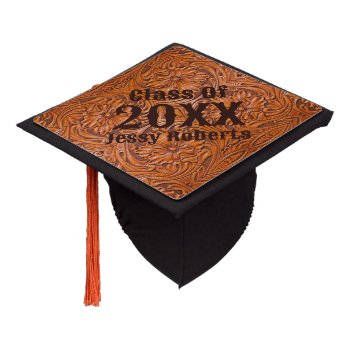 Cowboy Rustic Western Country Tooled Leather Print Graduation Cap Topper by WhenWestMeetEast at Zazzle