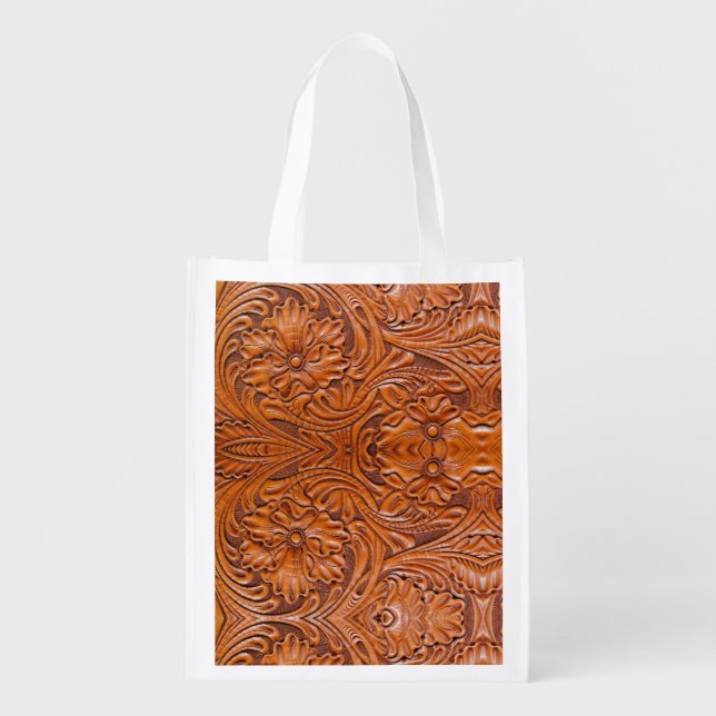 Cowboy Rustic western country tooled leather print Grocery Bag (Front)