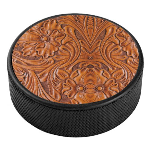 Cowboy Rustic western country tooled leather print Hockey Puck