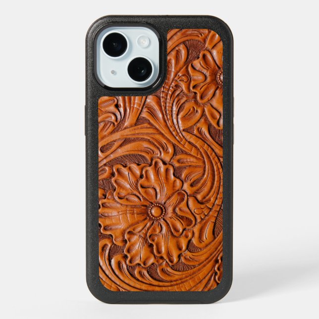 Cowboy Rustic western country tooled leather print iPhone 15 Case (Back)