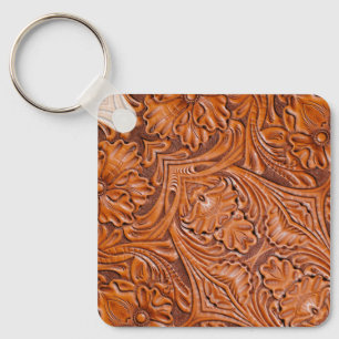 Cowboy Rustic western country tooled leather print Keychain