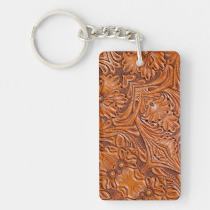 Cowboy Rustic western country tooled leather print Keychain