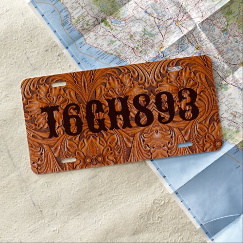Cowboy Rustic western country tooled leather print License Plate