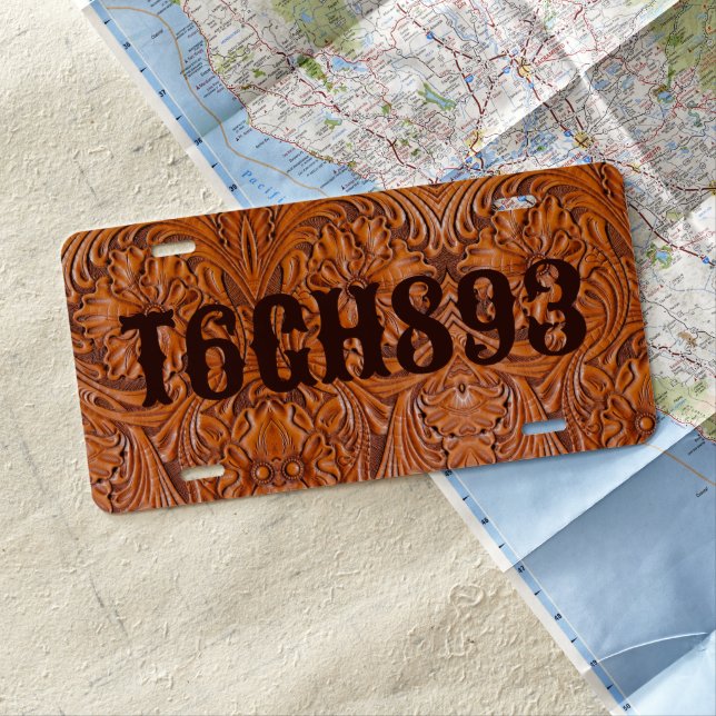 Cowboy Rustic western country tooled leather print License Plate (In Situ)
