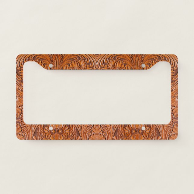 Cowboy Rustic western country tooled leather print License Plate Frame (Front)