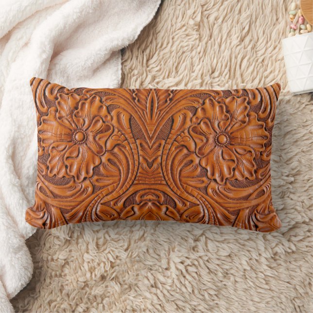 Cowboy Rustic western country tooled leather print Lumbar Pillow (Blanket)