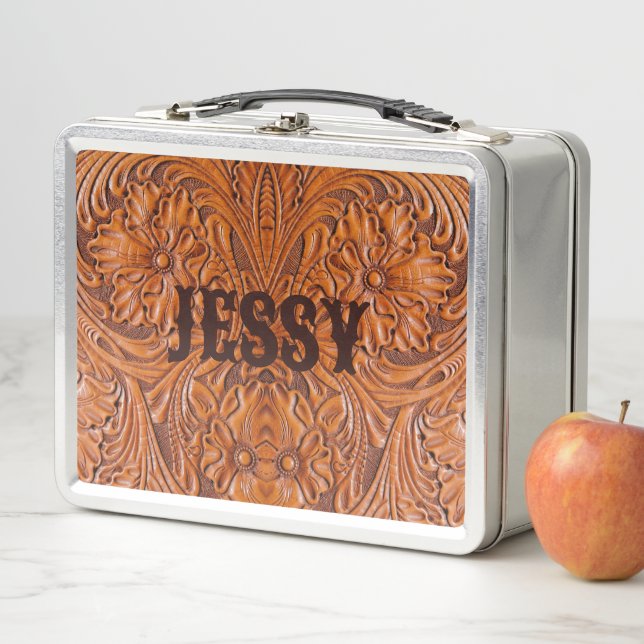 Cowboy Rustic western country tooled leather print Metal Lunch Box (In Situ)
