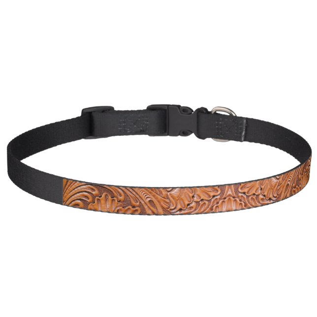 Cowboy Rustic western country tooled leather print Pet Collar (Front)