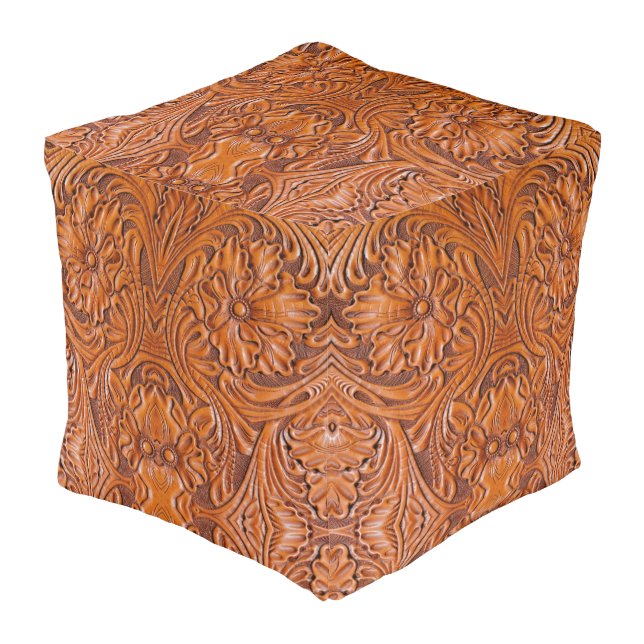 Cowboy Rustic western country tooled leather print Pouf (Angled Front)