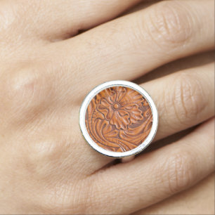 Cowboy Rustic western country tooled leather print Ring