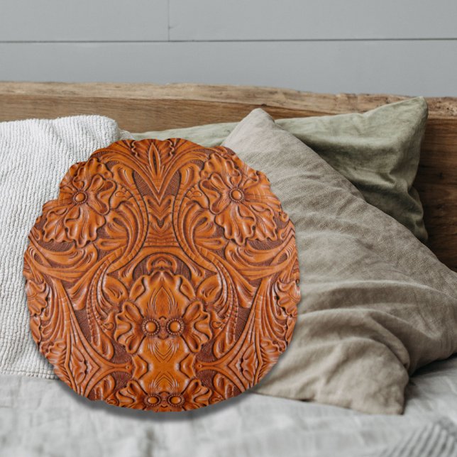 Cowboy Rustic western country tooled leather print Round Pillow (Cowboy Rustic western country tooled leather print Round Pillow)