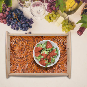 Cowboy Rustic western country tooled leather print Serving Tray