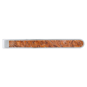 Cowboy Rustic western country tooled leather print Silver Finish Tie Bar