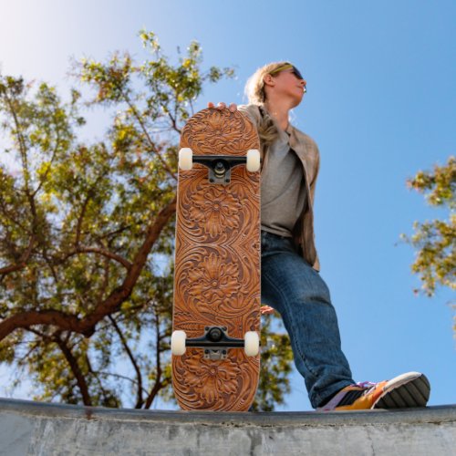 Cowboy Rustic western country tooled leather print Skateboard