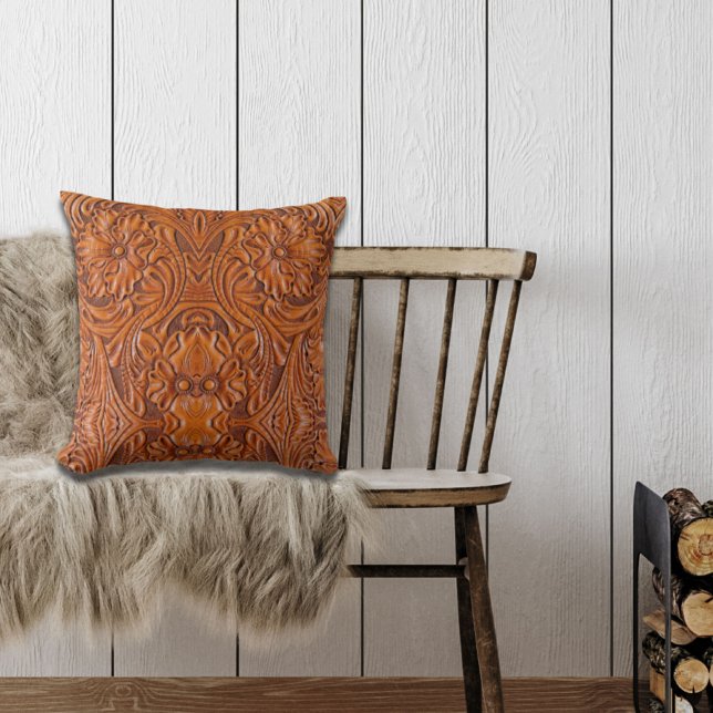 Cowboy Rustic western country tooled leather print Throw Pillow (Creator Uploaded)