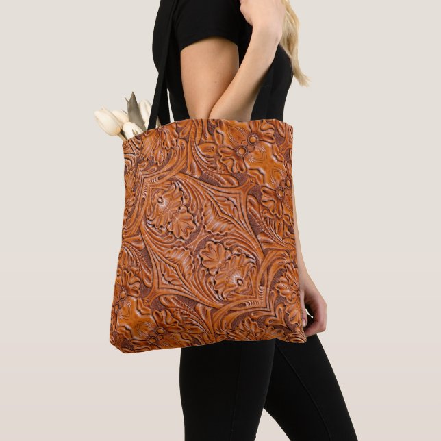 Cowboy Rustic western country tooled leather print Tote Bag (Close Up)