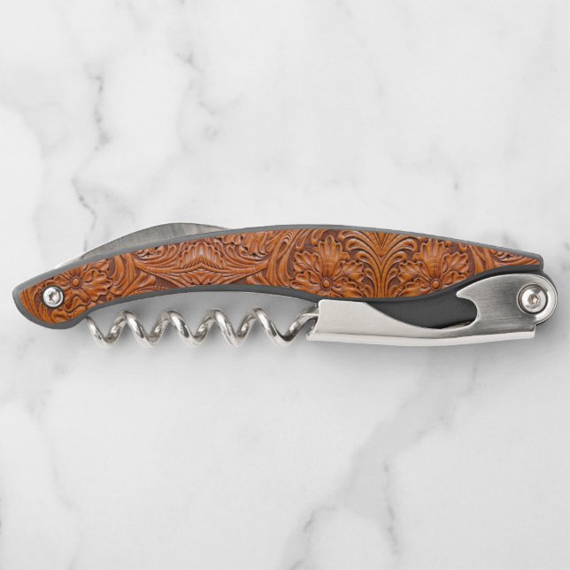 Cowboy Rustic western country tooled leather print Waiter's Corkscrew (Back)