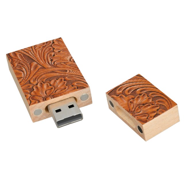 Cowboy Rustic western country tooled leather print Wood Flash Drive (Angled)