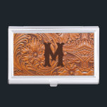Cowboy Rustic western country wedding monogram Business Card Case<br><div class="desc">Rustic western country pattern tooled leather print monogrammed business card holder. Cowboy wedding favors</div>