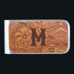 Cowboy Rustic western country wedding monogram Silver Finish Money Clip<br><div class="desc">Rustic western country pattern tooled leather print monogrammed money clips. Cowboy wedding favors</div>