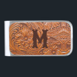 Cowboy Rustic western country wedding monogram Silver Finish Money Clip<br><div class="desc">Rustic western country pattern tooled leather print monogrammed money clips. Cowboy wedding favors</div>