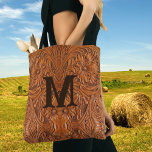 Cowboy Rustic western country wedding monogram Tote Bag<br><div class="desc">Rustic western country pattern tooled leather print monogrammed tote bag. Cowboy wedding favors.</div>
