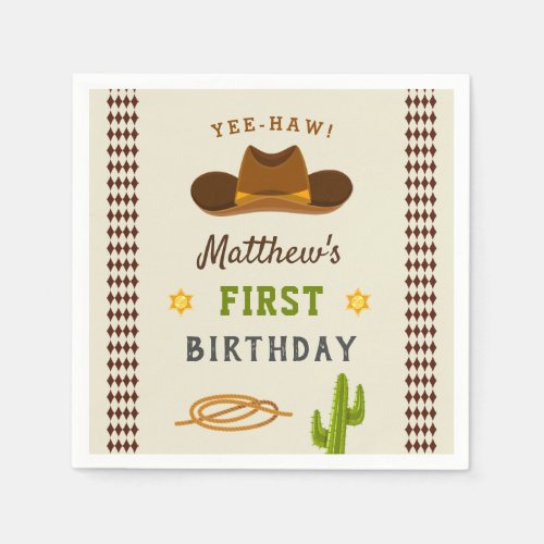 Cowboy Saloon Boy Wild West 1st Birthday Party Napkins