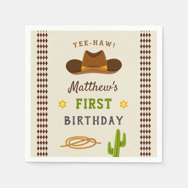 Cowboy Saloon Boy Wild West 1st Birthday Party Napkins (Front)
