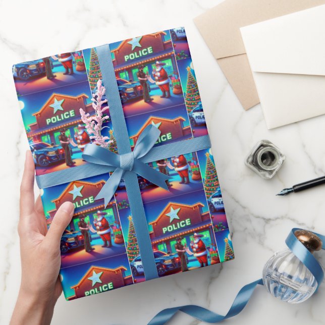 Cowboy Santa and Police Looking At Naughty  List  Wrapping Paper (Gifting)