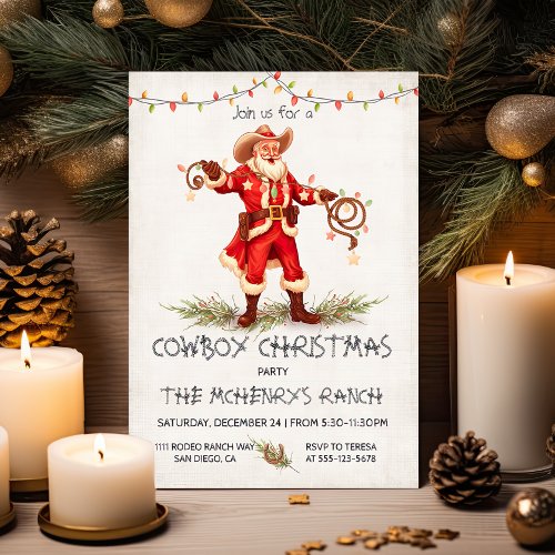 Cowboy Santa Christmas lasso lights Invitation