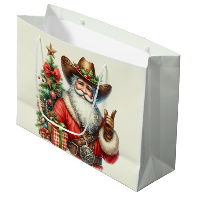 Cowboy Santa Christmas Tree Santa Suit Cowboy Hat Large Gift Bag (Front Angled)