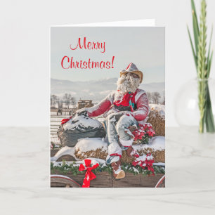 Cowboy Santa Christmas Wagon with Hay Bales Holiday Card
