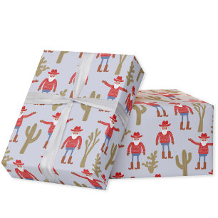 Cowboy Santa Claus Blue Christmas Wrapping Paper