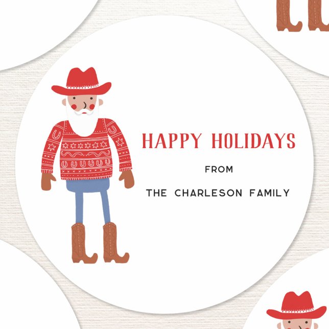 Cowboy Santa Claus Christmas Classic Round Sticker (Fun Cowboy Santa Claus Western Christmas Holiday sticker custom text)