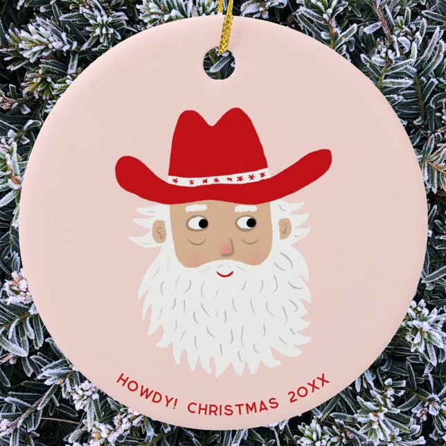 Cowboy Santa Claus Christmas Custom Text Ceramic Ornament (Fun Cowboy Santa Claus Western themed Christmas Holiday ceramic ornament with custom text)