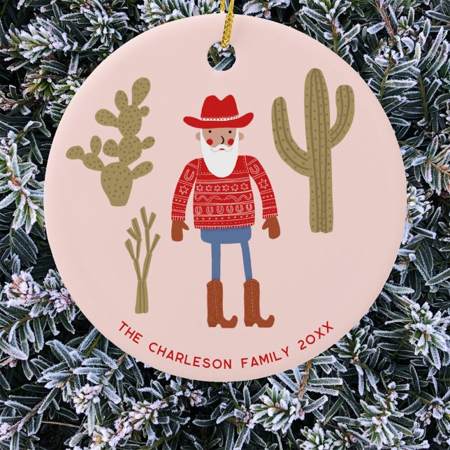 Cowboy Santa Claus Christmas Custom Text Ceramic Ornament (Fun Cowboy Santa Claus Western Christmas Holidays personalized name date ceramic ornament)