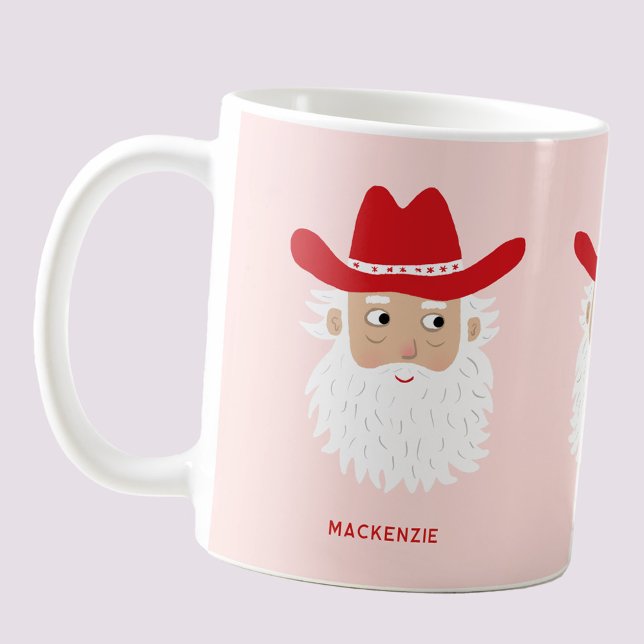 Cowboy Santa Claus Christmas Custom Text Pink Coffee Mug (Fun Cowboy Santa Claus Western themed Holiday Christmas coffee mug)